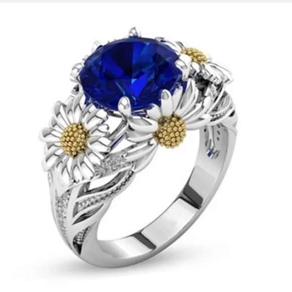 New Round Blue Cubic Zirconia Daisy Silver Ring. - Picture 2 of 8